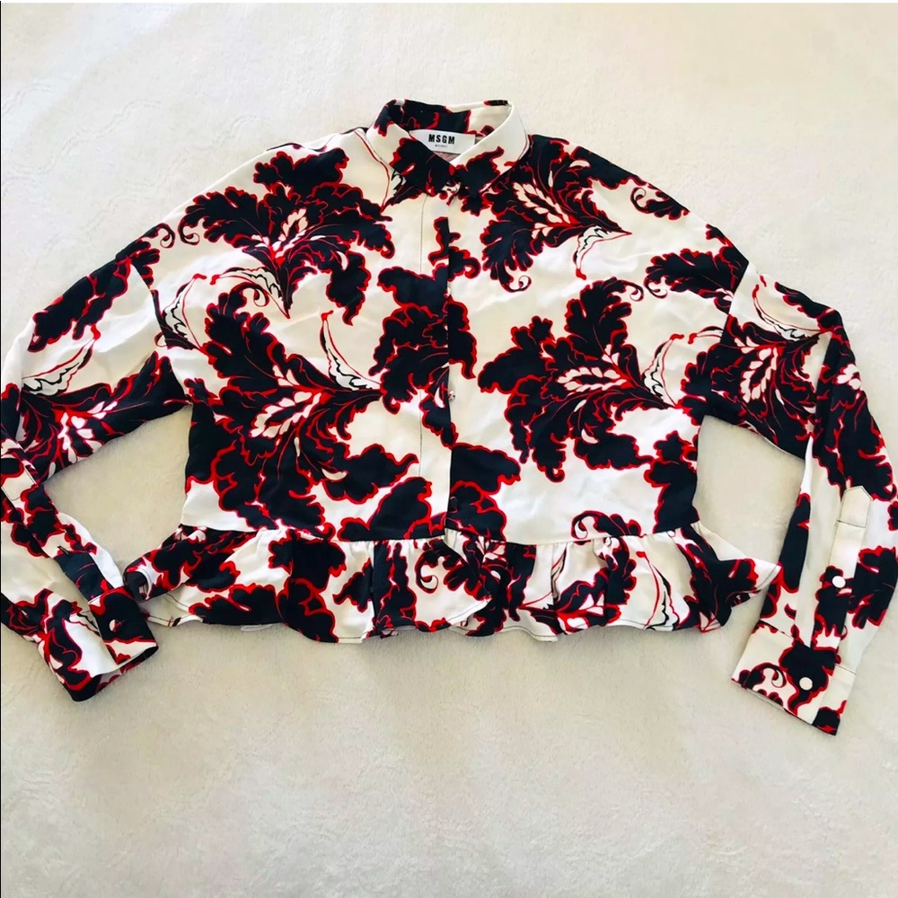 MSGM Womens White Black Floral Pattern Flare Hem Top Blouse Size S EU38